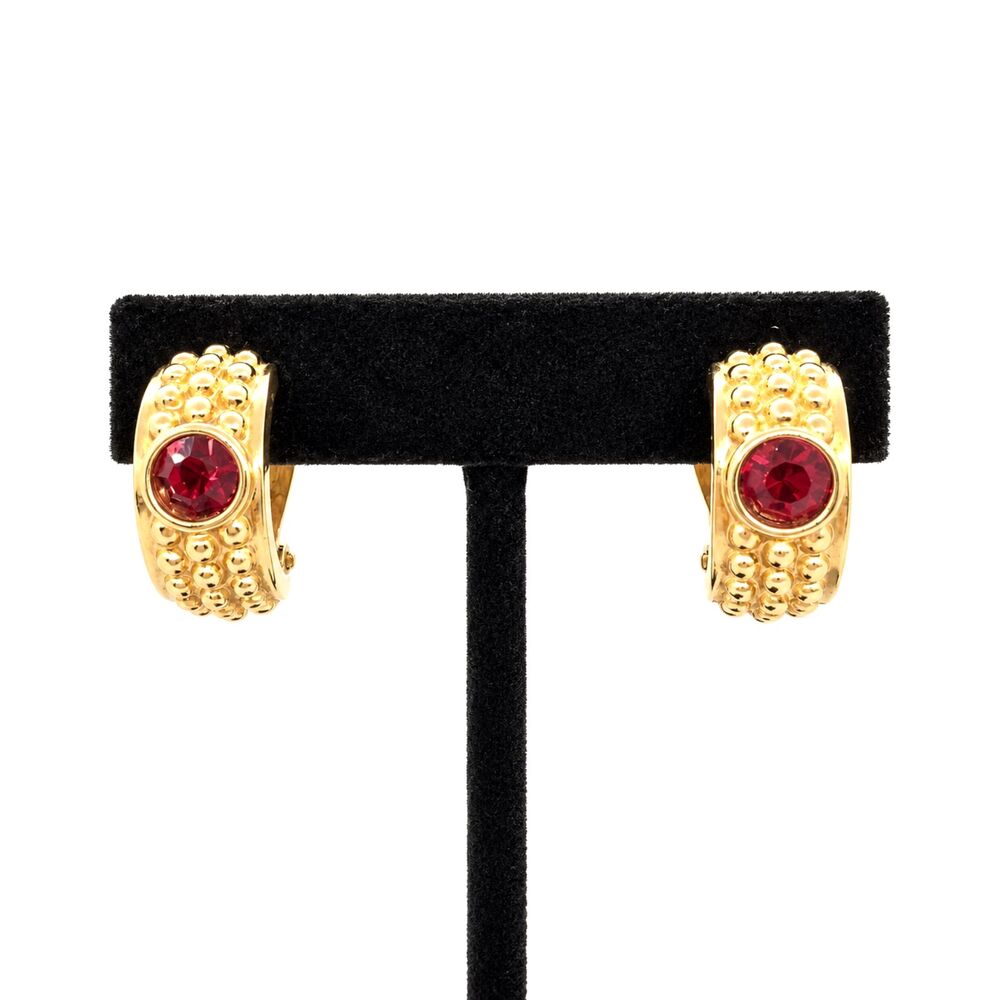 VINTAGE SWAROVSKI Earrings Gold Tone Red Crystal Half Hoop Clip On Dome Signed